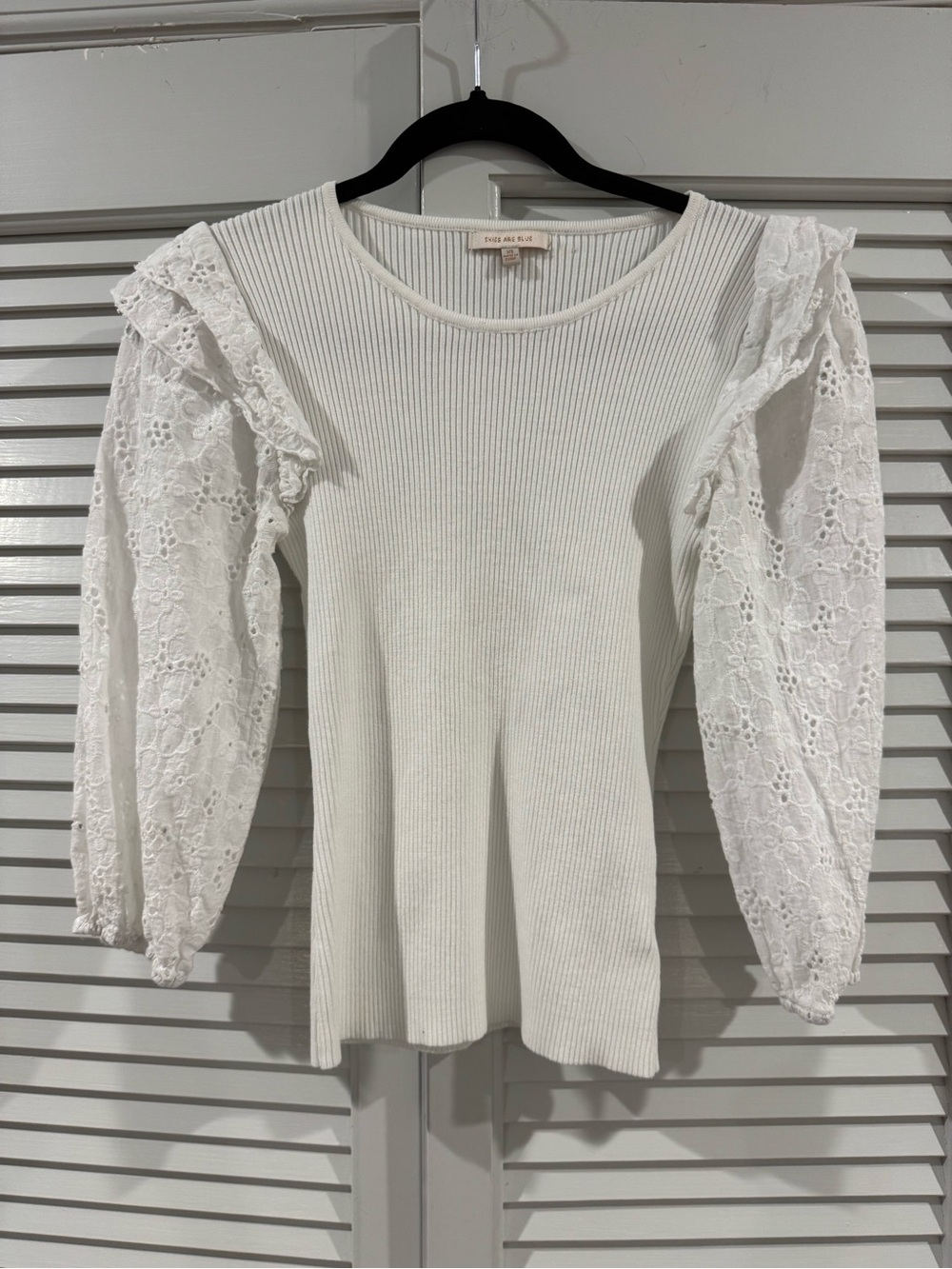 Skies Are Blue White Ribbed Knit Top with Lace Puff Sleeves